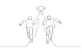 Cartoon of motivated businessman running on arrow showing direction to trophy way to success. Single line art style