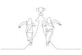 Cartoon of motivated muslim businesswoman running on arrow showing direction to trophy way to success. Single continuous line art
