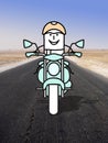 Cartoon motorbike rider facing us, alone on a desert road photo