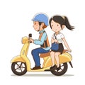 Cartoon motorbike taxi rider and the girl riding pillion on a motorcycle taxi.