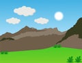 Cartoon mountain landscape with blue sky, sun and Clouds, green field. Meadows Grassland 2d cartoon Scene vector