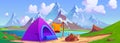 Cartoon mountain landscape with camp near lake Royalty Free Stock Photo