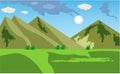 Cartoon mountain landscape with green field. Meadows Grassland 2d cartoon Scene vector. hills look like Piramid.