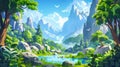 Cartoon mountain landscape with lake and rainforest. Modern illustration of forest with lianas on trees, green plants on Royalty Free Stock Photo