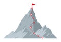 Cartoon mountain peak climbing progress. Dotted route with red flag on top, rocky range hiking trip to mountains top flat vector Royalty Free Stock Photo