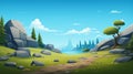 Cartoon Mountain Scene: Lush Landscape With Tree, Rocks, And Path