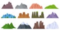 Cartoon mountains. Different types of rocks. Covered with plants or bare stones. Snow capped peaks. Flat tops. Landscape
