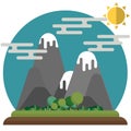 Cartoon mountains with round tops. Pretty landscape with sun, clouds, trees and valley. Flat style. Simple shapes. Travel, nature