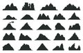 Cartoon mountains silhouettes, black outdoor landscape elements. Nature rocks, expedition or hiking mountain peaks mountain peak