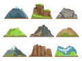 Cartoon mountains silhouettes. Rocky ridges, different hills types, snowy peaks, natural terrains, outdoor landscapes Royalty Free Stock Photo