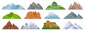 Cartoon mountains. Snowy mountain peak, hill, iceberg, rocky mount and climbing cliff. Landscape and tourist hiking map