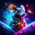 Cartoon mouse astronaut in space with planets and stars. 3D rendering Generative AI