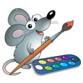 Cartoon mouse with with brush and paints. Little artist. Colorful vector illustration for kids