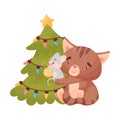 Cartoon mouse and cat decorate the Christmas tree. Vector illustration on white background. Royalty Free Stock Photo