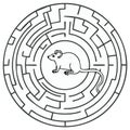 Cartoon mouse centered in a complex circular maze game line art illustration Royalty Free Stock Photo