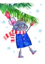 Cartoon mouse character in winter clothes hanging on a spurce branch. Hand drawn watercolor illustration on white background. 2020 Royalty Free Stock Photo