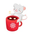 Cartoon mouse. Cute rat sit on cup wit hot cocoa and marshmellow