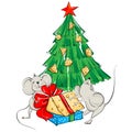 Cartoon mouse divide the cheese under the Christmas tree