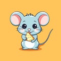 Cartoon mouse eating slice of pizza on yellow background with yellow background