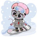 Cartoon Mouse Girl on a snowboard on a blue background