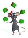 Cartoon mouse juggling Christmas gifts. Royalty Free Stock Photo