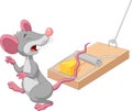 Cartoon mouse in a mousetrap isolated on white background