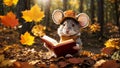 cartoon mouse reading a book in the autumn park design Royalty Free Stock Photo