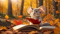 cartoon mouse reading a book in the autumn park design domestic character Royalty Free Stock Photo