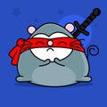 Cartoon Mouse in red blindfold and ninja sword on a blue background. doodle style. Vector Royalty Free Stock Photo