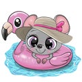 Cartoon Mouse in swimming on pool ring inflatable flamingo