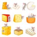 Cartoon mouse vector kids mousy animal character rodent and rat with cheese eating cheesy food illustration mousey set