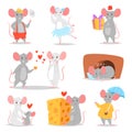 Cartoon mouse vector mousy animal character rodent and funny rat with cheese illustration mousey set of little mice in Royalty Free Stock Photo