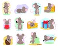 Cartoon mouse vector mousy animal character rodent and funny rat with cheese illustration mousey set of little mice in Royalty Free Stock Photo