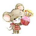 Cartoon mouse watercolor illustration. cute mice.