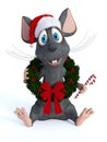 Cartoon mouse wearing Christmas wreath and holding candy cane. Royalty Free Stock Photo