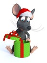 Cartoon mouse wearing Santa hat and opening Christmas gift. Royalty Free Stock Photo