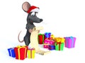 Cartoon mouse wearing Santa hat and reading long Christmas wishlist. Royalty Free Stock Photo