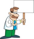 Cartoon moustache wearing a lab coat and holding a large sign.