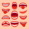 Cartoon mouth elements collection. Show tongue, smile with teeth, expressive emotions, smiling mouths and phonemes vector set Royalty Free Stock Photo