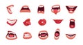 Cartoon mouth. Open and clothed lips, sad laugh smile anger cute face emotion with tongue and teeth. Vector mouth facial