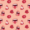Cartoon mouth pattern. Seamless print of face expressions with opened and closed mouth, lips teeth and tongue. Vector