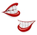 Cartoon mouth with smile. White tooth. Red lip. Dental health. Face Part. Vector illustration.