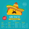 Cartoon Mr. Tacos with a mustache in a Mexican hat and a maracas in his hand. Mexican food menu concept, food.