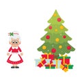 Cartoon mrs santa with christmas fir tree Royalty Free Stock Photo