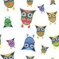 Cartoon multicolored owls on white background. Seamless pattern. Kids design. packaging, dessert, wallpaper, fabric, stationery, u Royalty Free Stock Photo