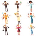 Cartoon flat multitasking characters set. Men and women with many hands. People of different professions. Vector