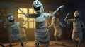 Cartoon mummy dancing and having a good time at a party