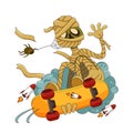 Cartoon mummy monster character rides a skateboard, waving. Halloween costume vector isolated on white. Royalty Free Stock Photo