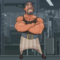 Cartoon muscle man bodybuilder stands and dreams Royalty Free Stock Photo