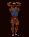 Cartoon muscular bodybuilder posing with his hands behind his head Royalty Free Stock Photo